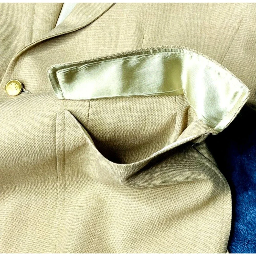 Chaps Ralph Lauren Vtg Sport Coat Hopsack 42 44 Silk Wool Tan USA Preppy Blazer